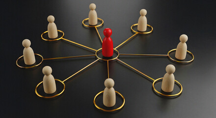 Centralized Communication and Hub-and-Spoke Network: Red Figure Leading a Connected System Hierarchical Organizational Structure and Team Management Concept Represented by Peg Dolls