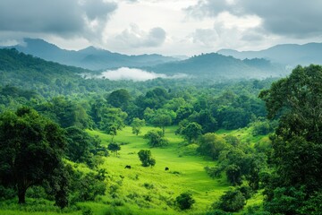 Obraz premium Lush green hills roll under a cloudy sky with distant misty mountains.