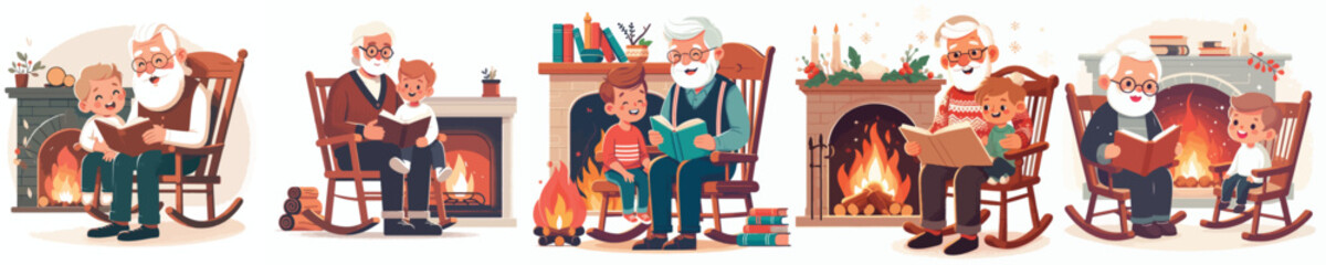 Grandpa reading a fairy tale on Christmas Eve. Vector, design, minimalist, illustrations, icon set