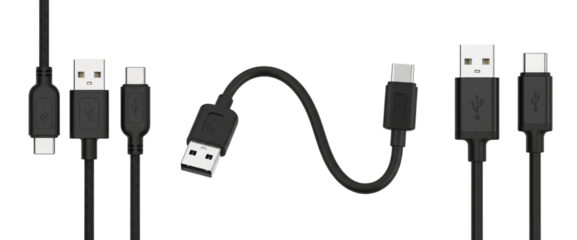 Set of black USB A to USB C cables isolated on white