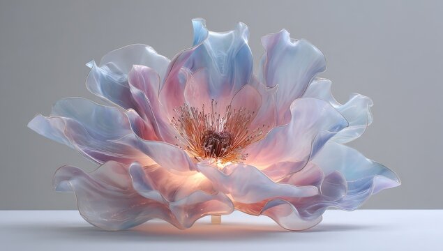 Translucent, glowing flower sculpture, pastel blue/pink petals