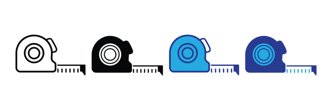 Four different styles of measuring tape icons in outline and filled versions isolated on white background
