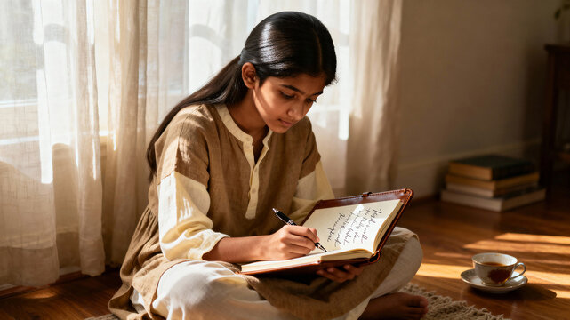A young woman enjoys a peaceful moment, writing in a journal while sipping tea in a sunlit, cozy room. Slow life concept