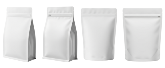 Set of white matte stand up pouches with zipper, isolated on white