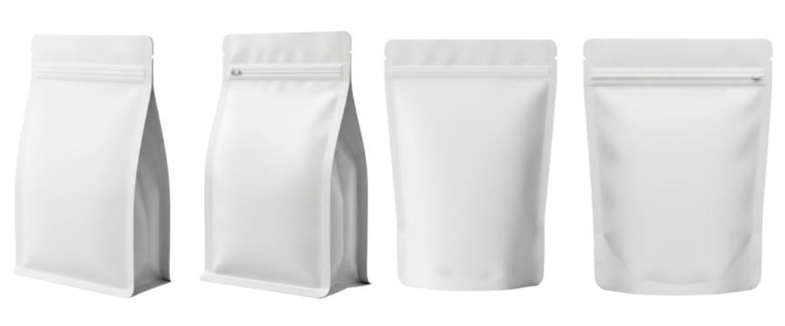 Set of white matte stand up pouches with zipper, isolated on white