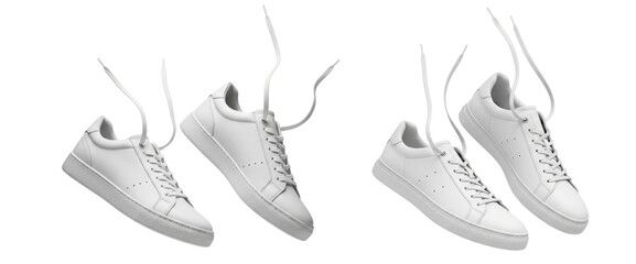 Set of white leather sneakers with untied shoelaces floating in the air isolated on white