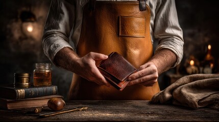Craftsman hands holding leather wallet workshop product showcase rustic setting close-up artisanal craftsmanship
