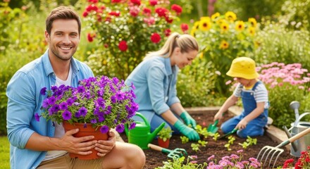 Happy family planting flowers together in a sunny garden creating beautiful memories