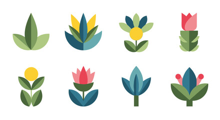 Collection of stylized floral illustrations, featuring various geometric flower designs and leaf arrangements.