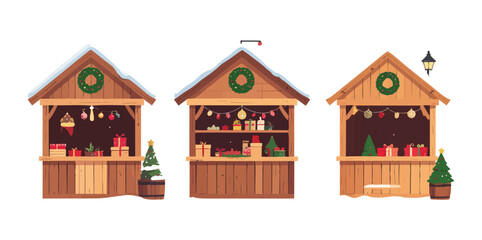 Christmas traditional wooden winter Christmas fair marketplace, market stall kiosk set, Vector 
