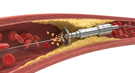 Coronary atherectomy angioplasty catheter removing plaque from artery with blood cells