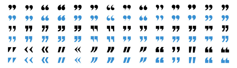Quotation marks vector icon set black and blue symbol collection on transparent background