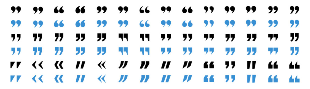 Quotation marks vector icon set black and blue symbol collection on transparent background