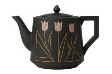 Black ceramic teapot featuring stylized tulip flowers and art deco geometric patterns, serving elegant hot beverages