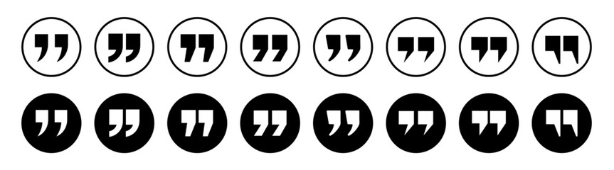 Fototapeta premium Quotation marks round icon buttons set black and white vector collection on transparent background