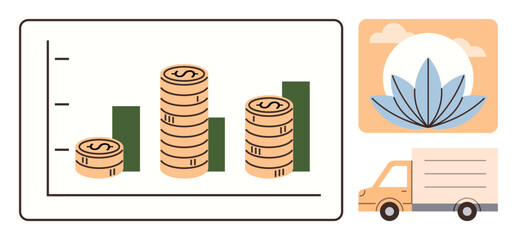 Bar graph showing financial growth with stacked coins. Eco symbol and delivery truck representing sustainability, logistics, financial success. Ideal for business, finance, sustainability
