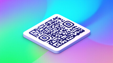 A 3D isometric illustration of a QR code on a white square platform against a vibrant, abstract background.