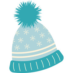 Light Blue Winter Beanie Hat With Snowflake Pattern and Teal Pom Pom and Stripes on a Transparent Background