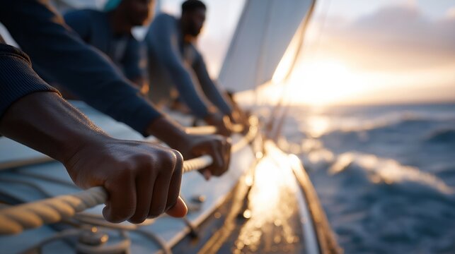 A sailing crew works in perfect harmony at sunrise, tightening ropes and adjusting sails as waves shimmer under the morning light. Each movement is synchronized, reflecting discipline, teamwork,