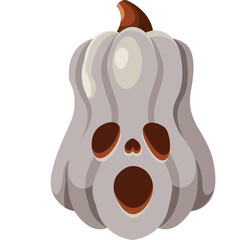 Light Gray Pumpkin Carved With Surprised Face On Transparent Background With Brown Stem And Dark Eyes And Mouth