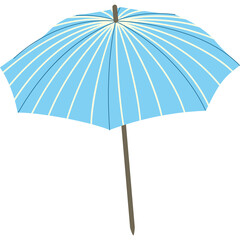 Light Blue Umbrella With White Stripes And Wooden Handle Open And Isolated On White Background Studio Shot