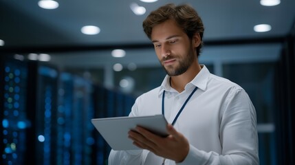 Engineer walking between rows of LED server racks holding a tablet displaying system diagnostics — advanced IT maintenance, cybersecurity monitoring, and enterprise data management. cinematic color