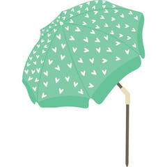 Light Green Beach Umbrella with White Heart Pattern and Brown Pole on a Transparent Background with Gentle Sunlight Casting Shadows