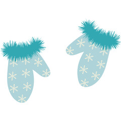 Light Blue Snowflake Patterned Mittens With Teal Fringed Cuffs For Winter Season Against A White Background