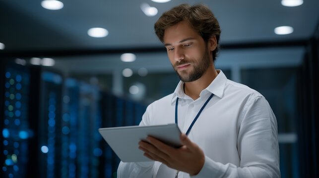 Engineer walking between rows of LED server racks holding a tablet displaying system diagnostics — advanced IT maintenance, cybersecurity monitoring, and enterprise data management. cinematic color
