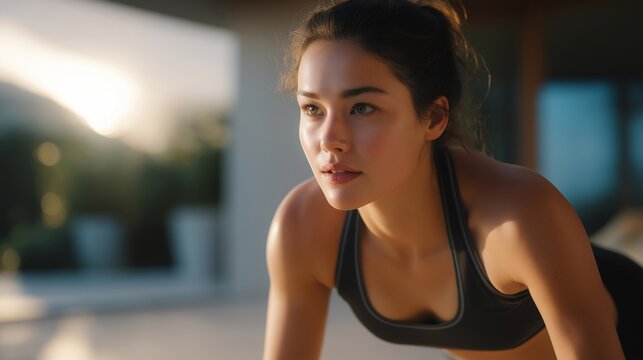 Low-angle light highlighting determined preparation before run — symbolizing dedication, personal growth, and active wellness lifestyle. cinematic color correction, natural uneven lighting yet