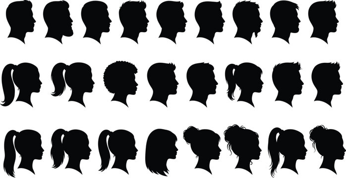 Diverse collection of black silhouette profiles of people and hairstyles
