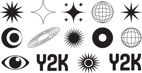 Trendy Y2K elements vector set in minimal black and white style
