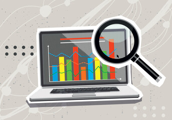 Data analytics concept. Halftone hand draws sales graph. Modern collage design. Pop art. Growth chart. Successful business performance. Business data graph on screen laptop. Achieving high results