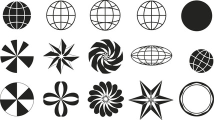 Collection of abstract geometric shapes and globe icons in black and white vector art © Taufiq