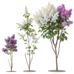Three lilac trees in bloom with purple and white flowers