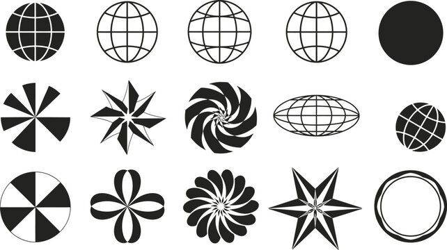Collection of abstract geometric shapes and globe icons in black and white vector art