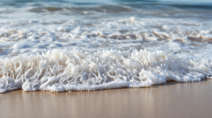 Close-up of a gentle ocean wave washing onto a sandy beach, creating intricate foam patterns.