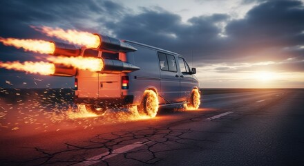 Fast moving vehicle erupting flames during dramatic sunset transportation concept
