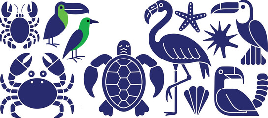 Tropical sea life design with birds crab turtle and sea shells