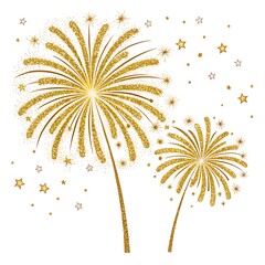 Golden fireworks exploding in the night sky with sparkling dust