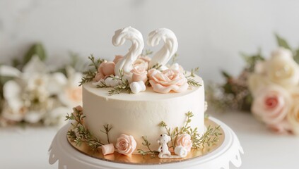 Two-month celebration cake, featuring a cheese cream frosting and rustic floral accents, with a marshmallow decoration in the shape of a number, festive occasion