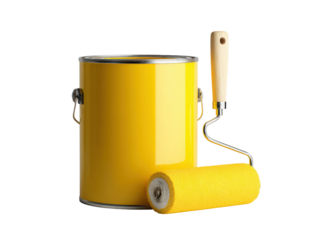 A yellow paint can and a yellow paint roller