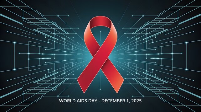 World aids day 2025. red ribbon symbol on futuristic tech grid.