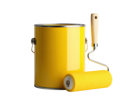 A yellow paint can and a yellow paint roller