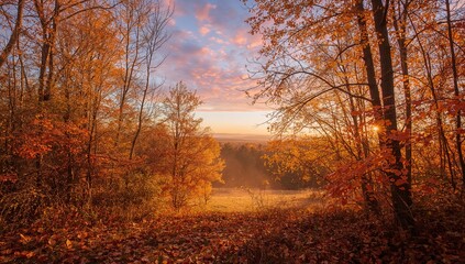 Vibrant Autumn Landscape Featuring Sunlit Golden Leaves, Seasonal Change