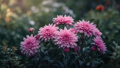 Pink Chrysanthemum blooms in a garden setting, showcasing natural beauty and vibrancy