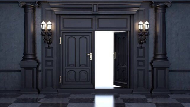 Mysterious Open Door with Elegant Columns, Beckoning with Promise and Intrigue
