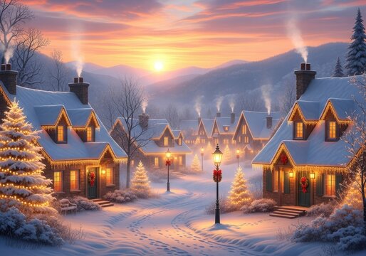 Experience the magic of a winter wonderland village aglow with festive lights as the sun rises, casting a warm, inviting glow on snow-covered cottages and Christmas trees