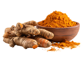 A bowl of ground turmeric and a bunch of fresh ginger root