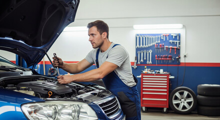 mechanic working on car engine in garage, focused and skilled
